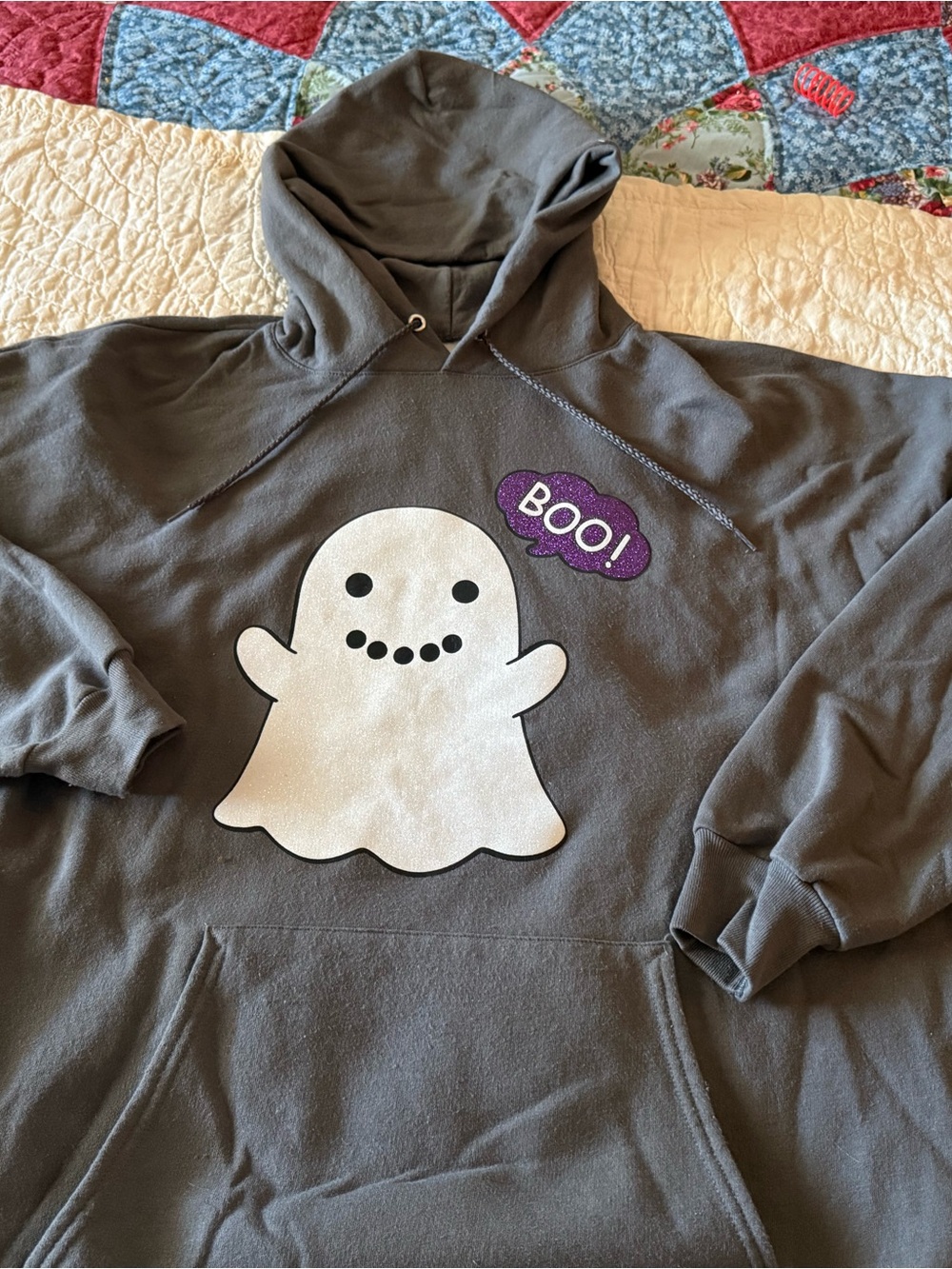 Kids Gray Hoodie Costume with White Ghost & Purple "BOO!" Graphic